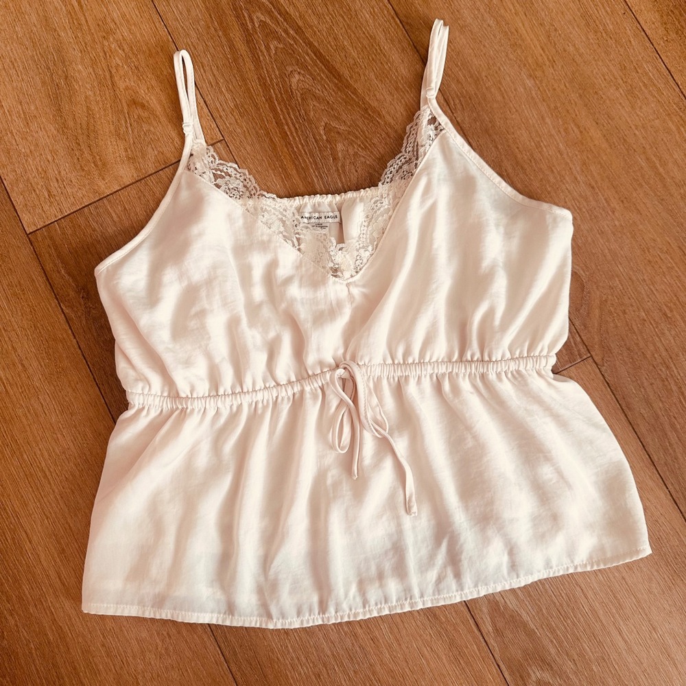 American Eagle Cream Lace Trim Peplum Cami Top Women Large Adjustable Straps